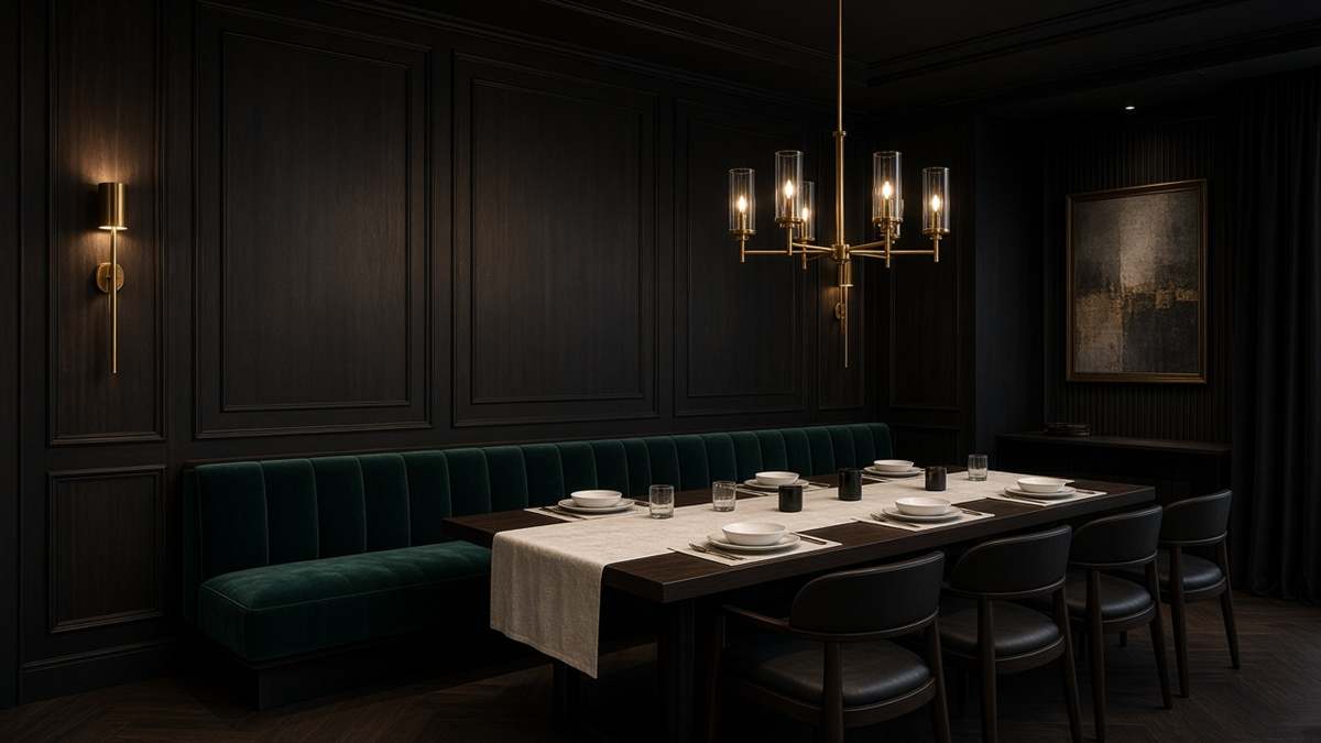 Salle à manger de DineryWaiter, banquette émeraude et table dressée